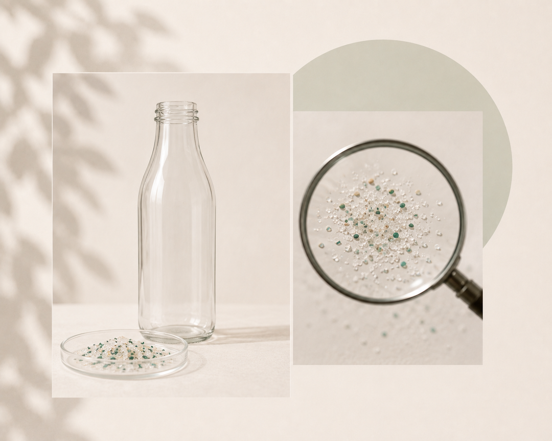 A clear glass bottle and a small dish of tiny multicolored beads on a light beige background, with a magnifying glass inset showing the bead details.