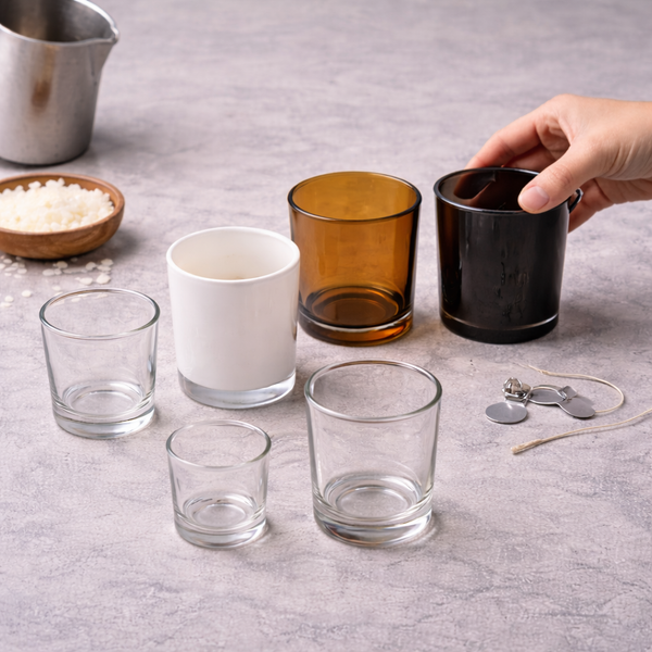 Clear, white, amber and black candle glasses on a grey worktop beside a pouring jug, wax flakes and wicks