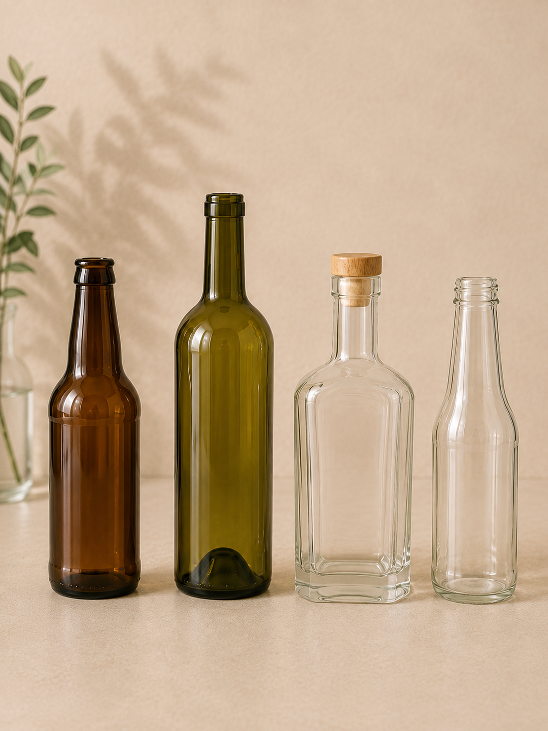 Four empty glass bottles of different shapes and colors standing on a beige surface against a beige background, including an amber bottle, an olive green bottle, a clear bottle with a cork stopper, and a clear bottle.